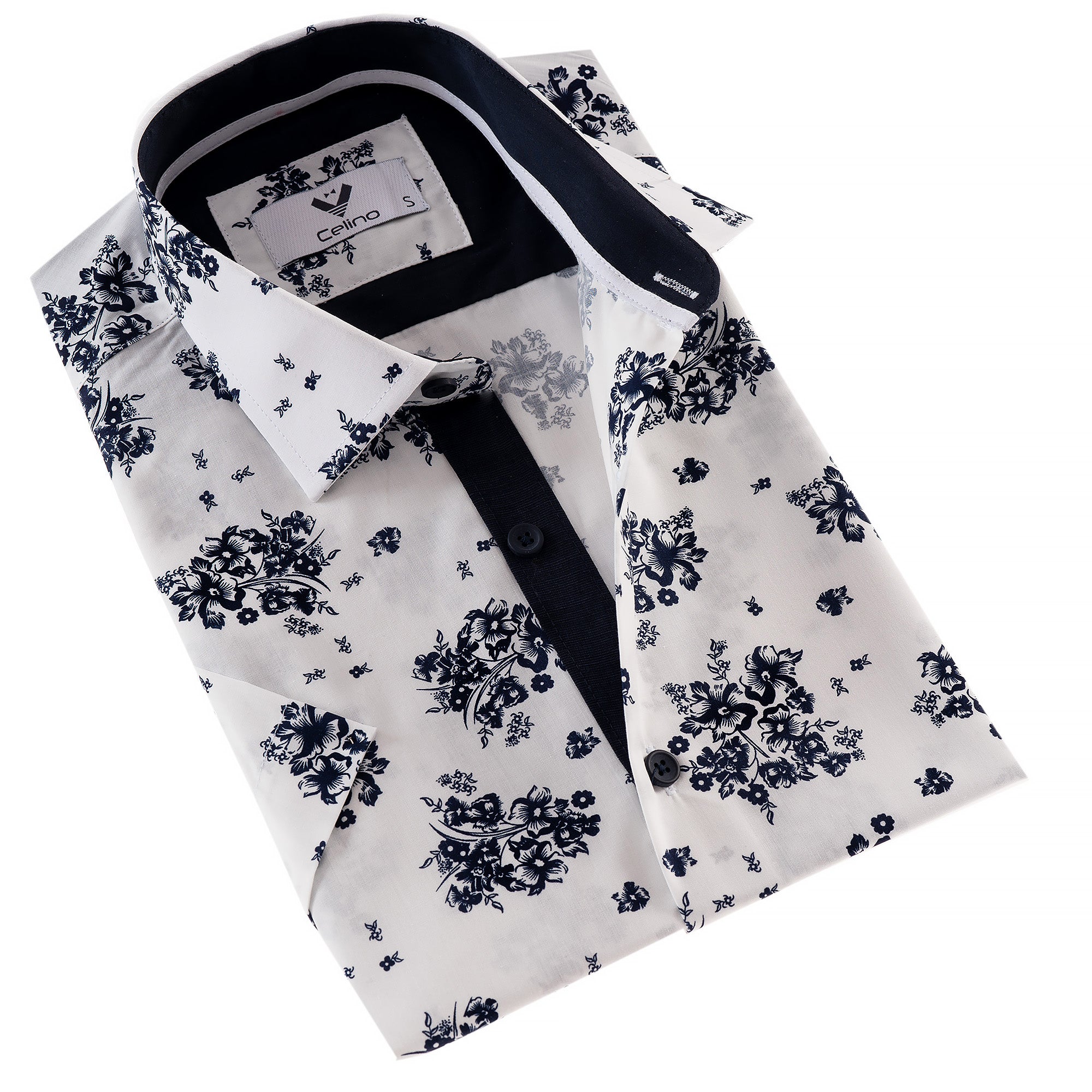 CESS1141 Navy Floral White Men's Short Sleeves Shirt - Tailored Slim Fit Cotton Dress Shirts - Image 1