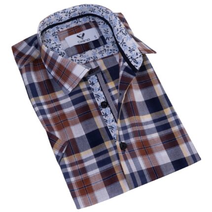 Blue Brown Plaid Men's Short Sleeves Shirt - Tailored Slim Fit Cotton Dress Shirts