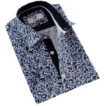 Blue White Printed Men's Short Sleeves Shirt - Tailored Slim Fit Cotton Dress Shirts