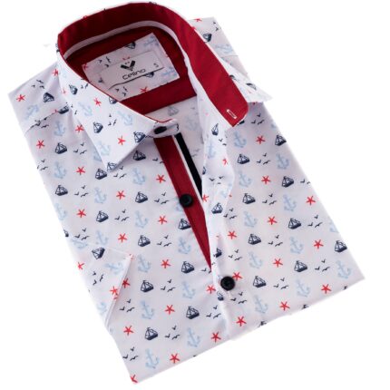 Sailor Printed White Men's Short Sleeves Shirt - Tailored Slim Fit Cotton Dress Shirts