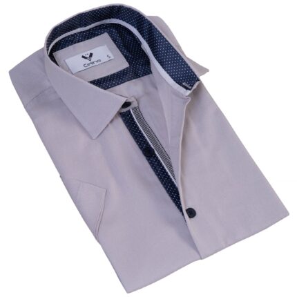 Gray inside Blue Polka dot  Men's Short Sleeves Shirt- Tailored Slim Fit Cotton Dress Shirts