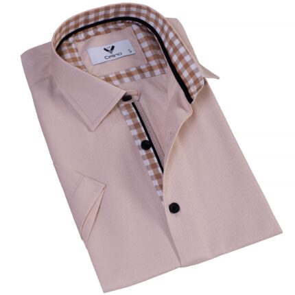 Beige Nova Plaid Men's Short Sleeves Shirt- Tailored Slim Fit Cotton Dress Shirts - Celino Corp.