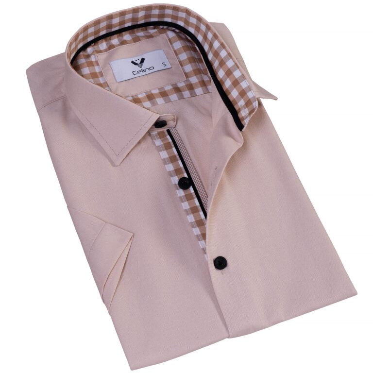 Beige Nova Plaid Men's Short Sleeves Shirt- Tailored Slim Fit Cotton Dress Shirts - Celino Corp.