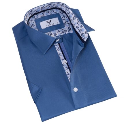 Blue inside Floral Men's Short Sleeves Shirt- Tailored Slim Fit Cotton Dress Shirts