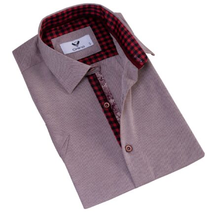 Brownish Oxford inside Red Men's Short Sleeves Shirt- Tailored Slim Fit Cotton Dress Shirts