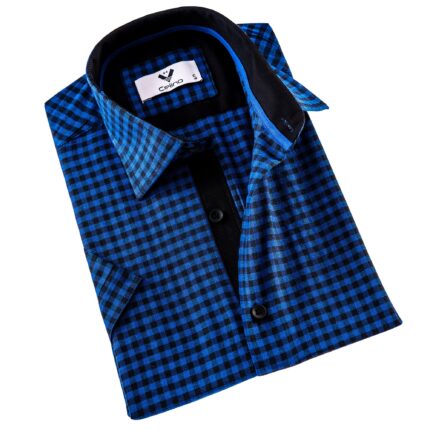 Blue Black Checkered Men's Short Sleeves Shirt- Tailored Slim Fit Cotton Dress Shirts