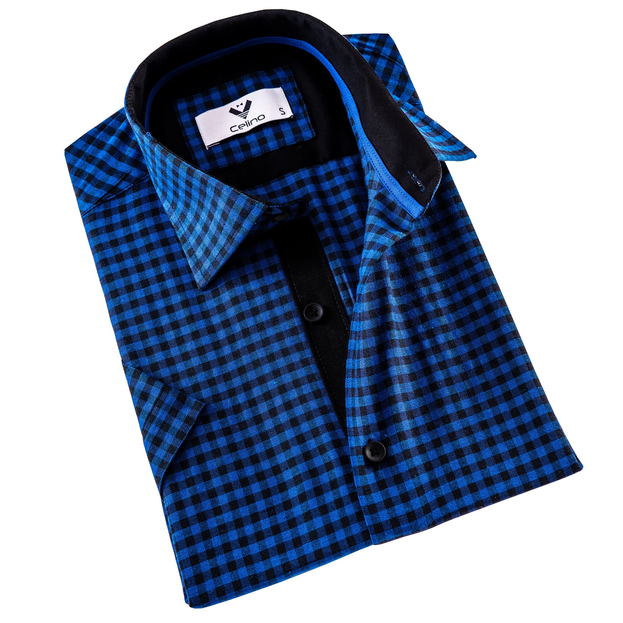 CESS1155 Blue Black Checkered Men's Short Sleeves Shirt- Tailored Slim Fit Cotton Dress Shirts - Image 1