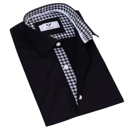 Black inside Checkered Men's Short Sleeves Shirt- Tailored Slim Fit Cotton Dress Shirts