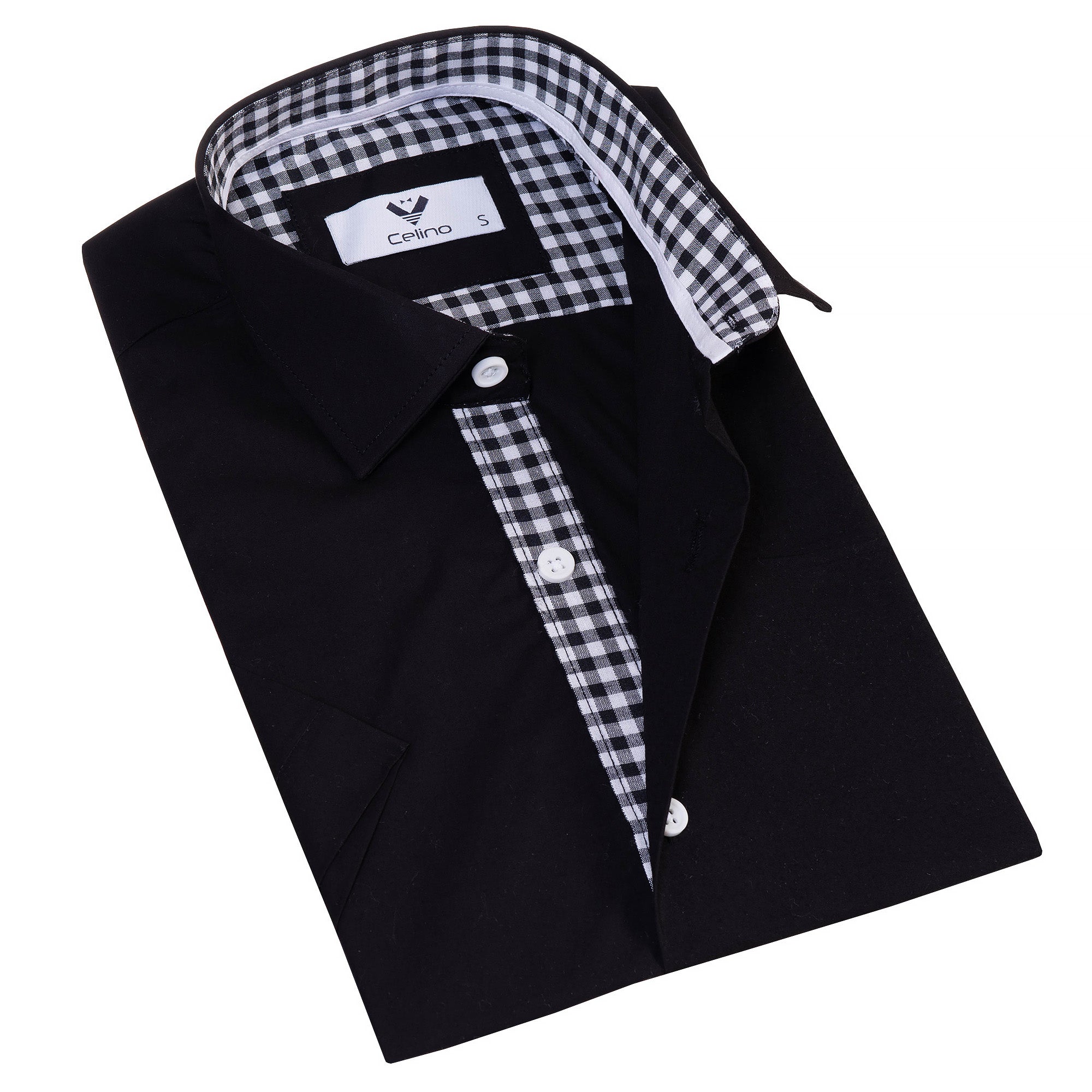 CESS1157 Black inside Checkered Men's Short Sleeves Shirt- Tailored Slim Fit Cotton Dress Shirts - Image 1