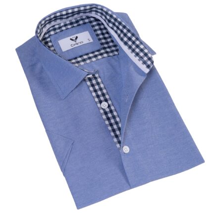 Blue inside Checkered Men's Short Sleeves Shirt- Tailored Slim Fit Cotton Dress Shirts