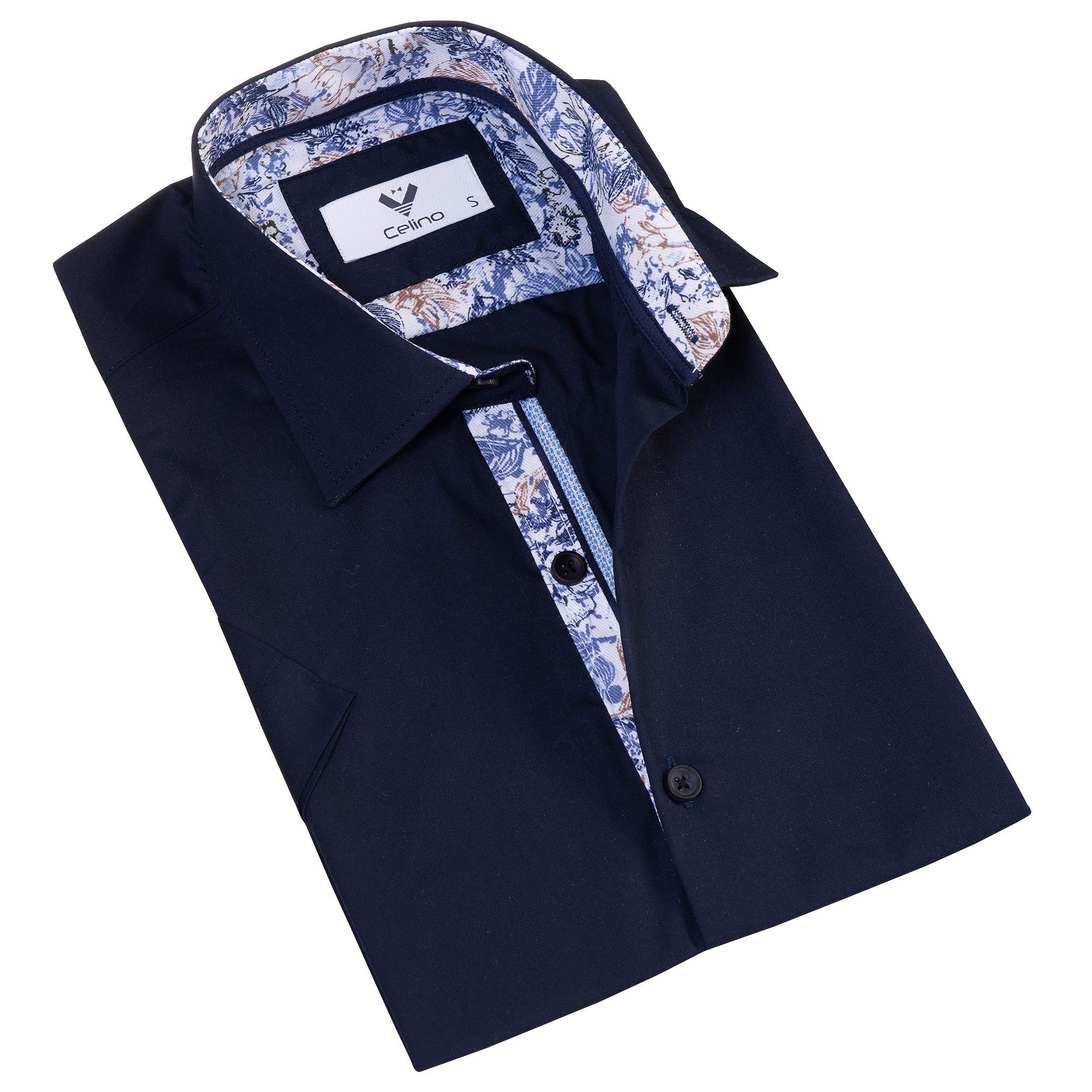 CESS1159 Navy inside Paisley Men's Short Sleeves Shirt- Tailored Slim Fit Cotton Dress Shirts - Image 1