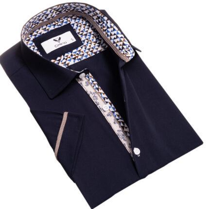Midnight Blue Short Sleeve Button up Shirts for Men - Tailored Slim Fit Cotton Dress Shirts