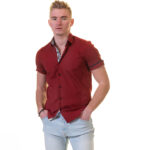 Dark Red Short Sleeve Button up Shirts for Men - Tailored Slim Fit Cotton Dress Shirts - Image 3