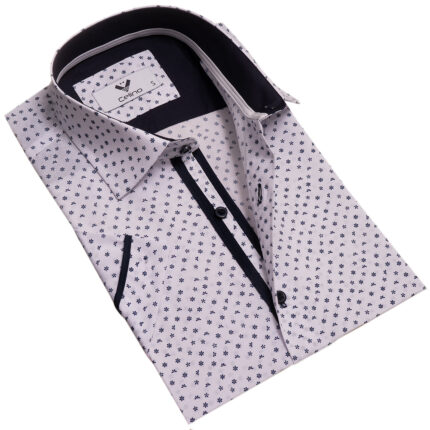 White Doted Short Sleeve Button up Shirts for Men - Tailored Slim Fit Cotton Dress Shirts