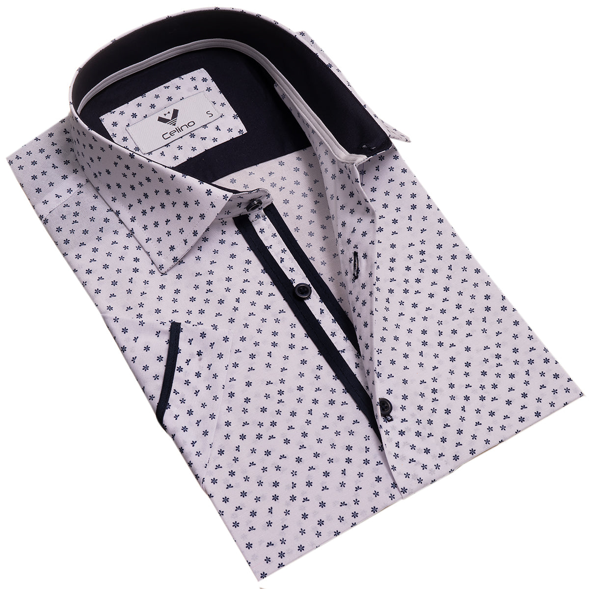 CESS7642_0 White Doted Short Sleeve Button up Shirts for Men - Tailored Slim Fit Cotton Dress Shirts - Image 1