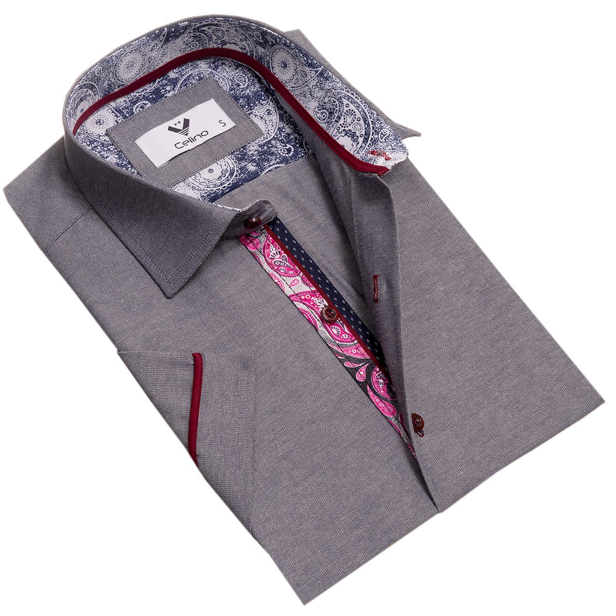 CESS7644_0 Light Grey Short Sleeve Button up Shirts for Men - Tailored Slim Fit Cotton Dress Shirts - Image 1