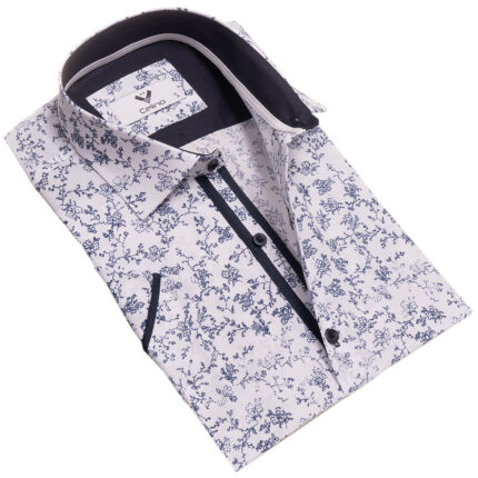White Floral Short Sleeve Button up Shirts for Men - Tailored Slim Fit Cotton Dress Shirts