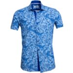 Blue Paisley Short Sleeve Button up Shirts for Men - Tailored Slim Fit Cotton Dress Shirts