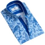 Blue Paisley Short Sleeve Button up Shirts for Men - Tailored Slim Fit Cotton Dress Shirts - Image 2