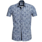 White Navy Blue Paisley Short Sleeve Button up Shirts for Men - Tailored Slim Fit Cotton Dress - Image 2