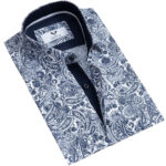 White Navy Blue Paisley Short Sleeve Button up Shirts for Men - Tailored Slim Fit Cotton Dress