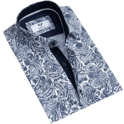 White Navy Blue Paisley Short Sleeve Button up Shirts for Men - Tailored Slim Fit Cotton Dress