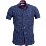Navy Blue Floral Short Sleeve Button up Shirts for Men - Tailored Slim Fit Cotton Dress Shirts