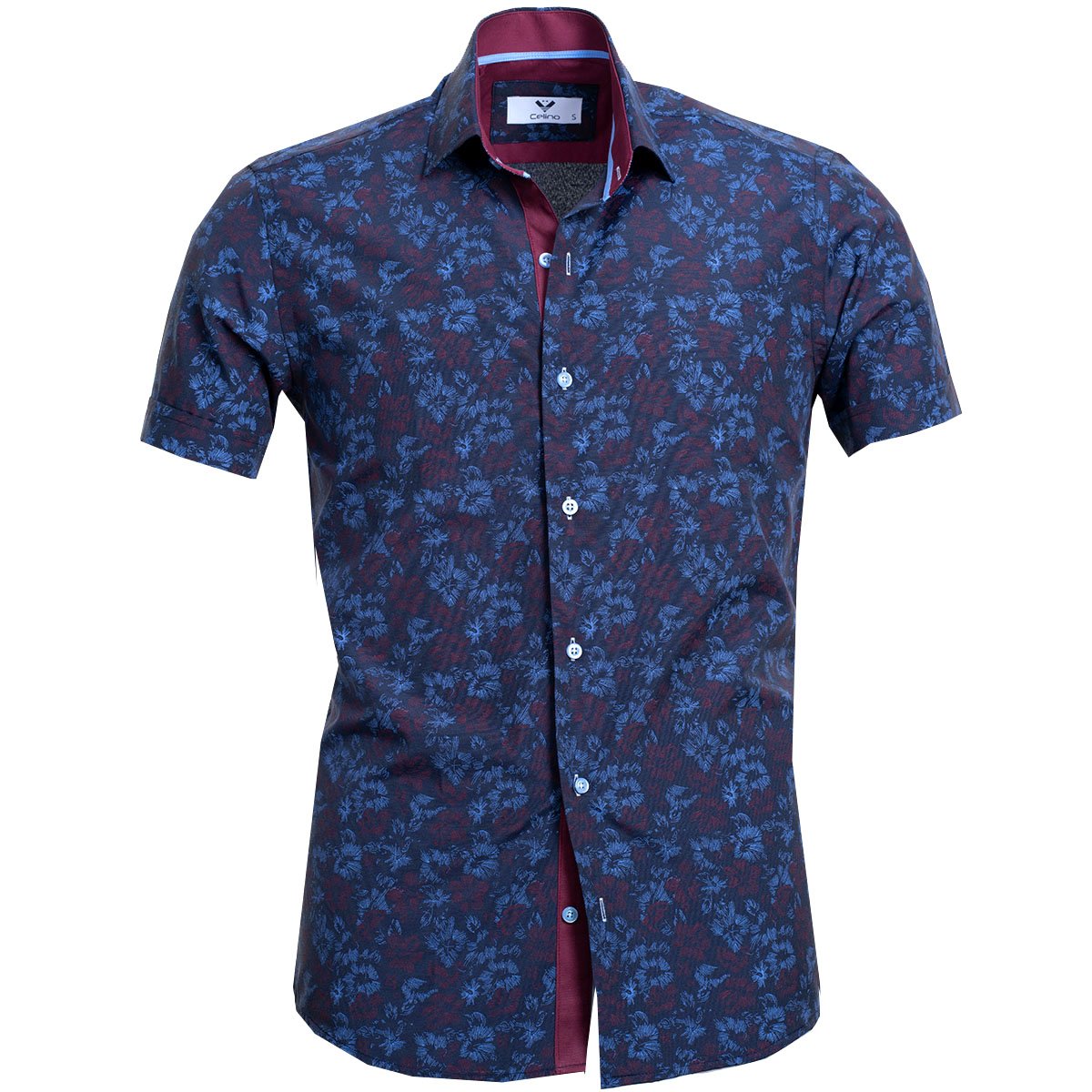 CESS7991_1 Navy Blue Floral Short Sleeve Button up Shirts for Men - Tailored Slim Fit Cotton Dress Shirts - Image 1