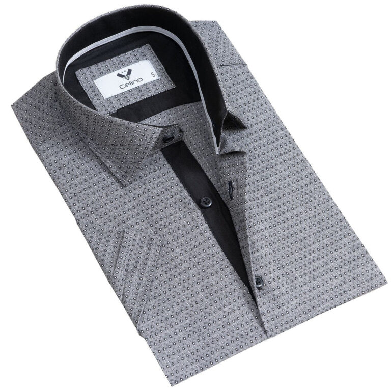 Grey Circles Short Sleeve Button up Shirts for Men - Tailored Slim Fit Cotton Dress Shirts - Celino Corp.