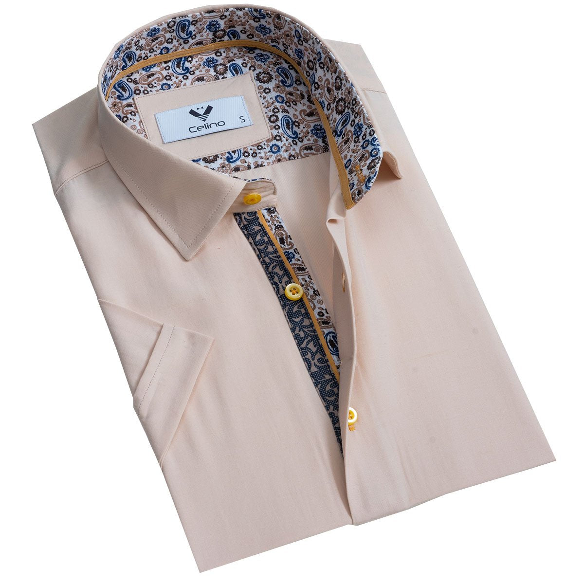 CESS7993_2 Peach Solid Short Sleeve Button up Shirts for Men - Tailored Slim Fit Cotton Dress Shirts - Image 1