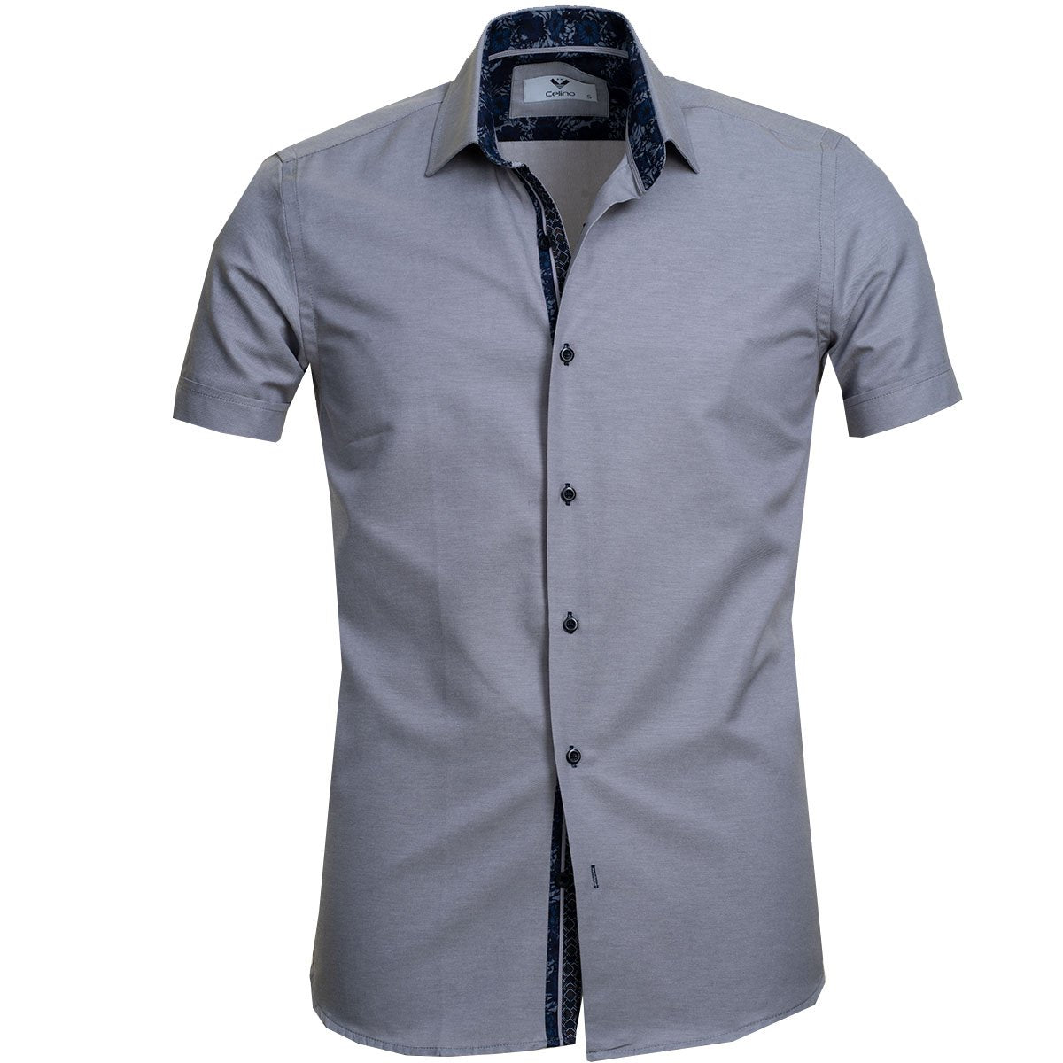 CESS7994_1 Grey Solid Short Sleeve Button up Shirts for Men - Tailored Slim Fit Cotton Dress Shirts - Image 1