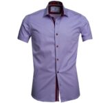 Purple Solid Short Sleeve Button up Shirts for Men - Tailored Slim Fit Cotton Dress Shirts