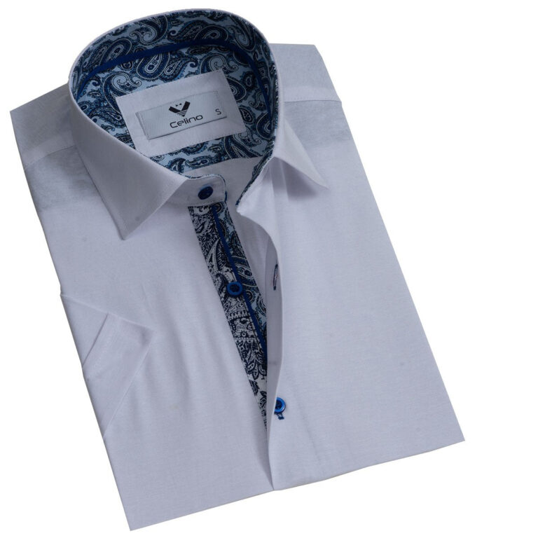 White Solid Short Sleeve Button up Shirts for Men - Tailored Slim Fit Cotton Dress Shirts - Celino Corp.