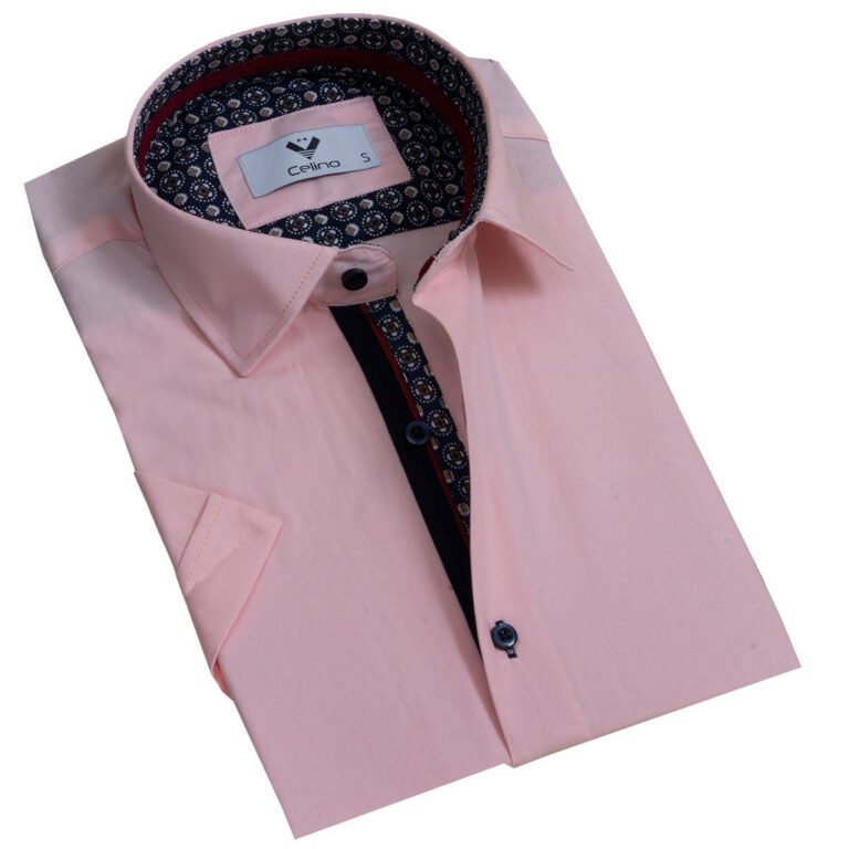Light Pink Solid Short Sleeve Button up Shirts for Men - Tailored Slim Fit Cotton Dress Shirts - Celino Corp.
