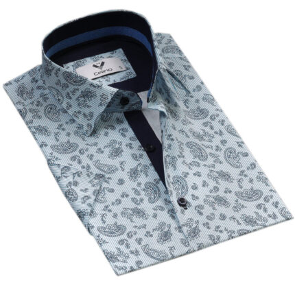 Light Blue Paisley Short Sleeve Button up Shirts for Men - Tailored Slim Fit Cotton Dress Shirts