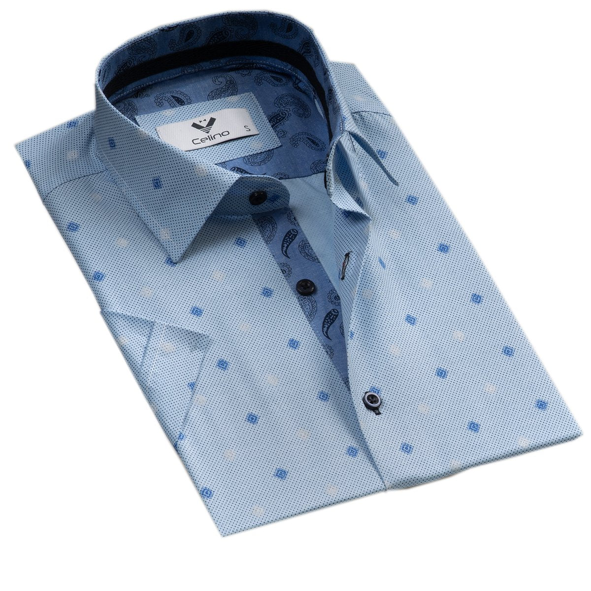 CESS8210_2 Blue Squares Short Sleeve Button up Shirts for Men - Tailored Slim Fit Cotton Dress Shirts - Image 1
