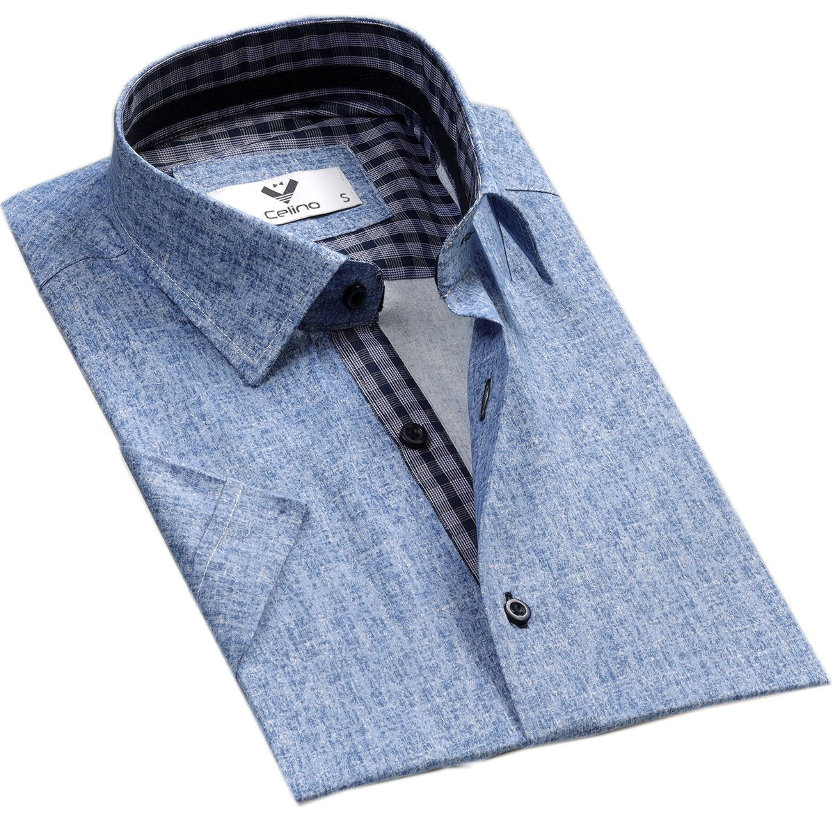 CESS8211_2 Blue Denim Short Sleeve Button up Shirts for Men - Tailored Slim Fit Cotton Dress Shirts - Image 1