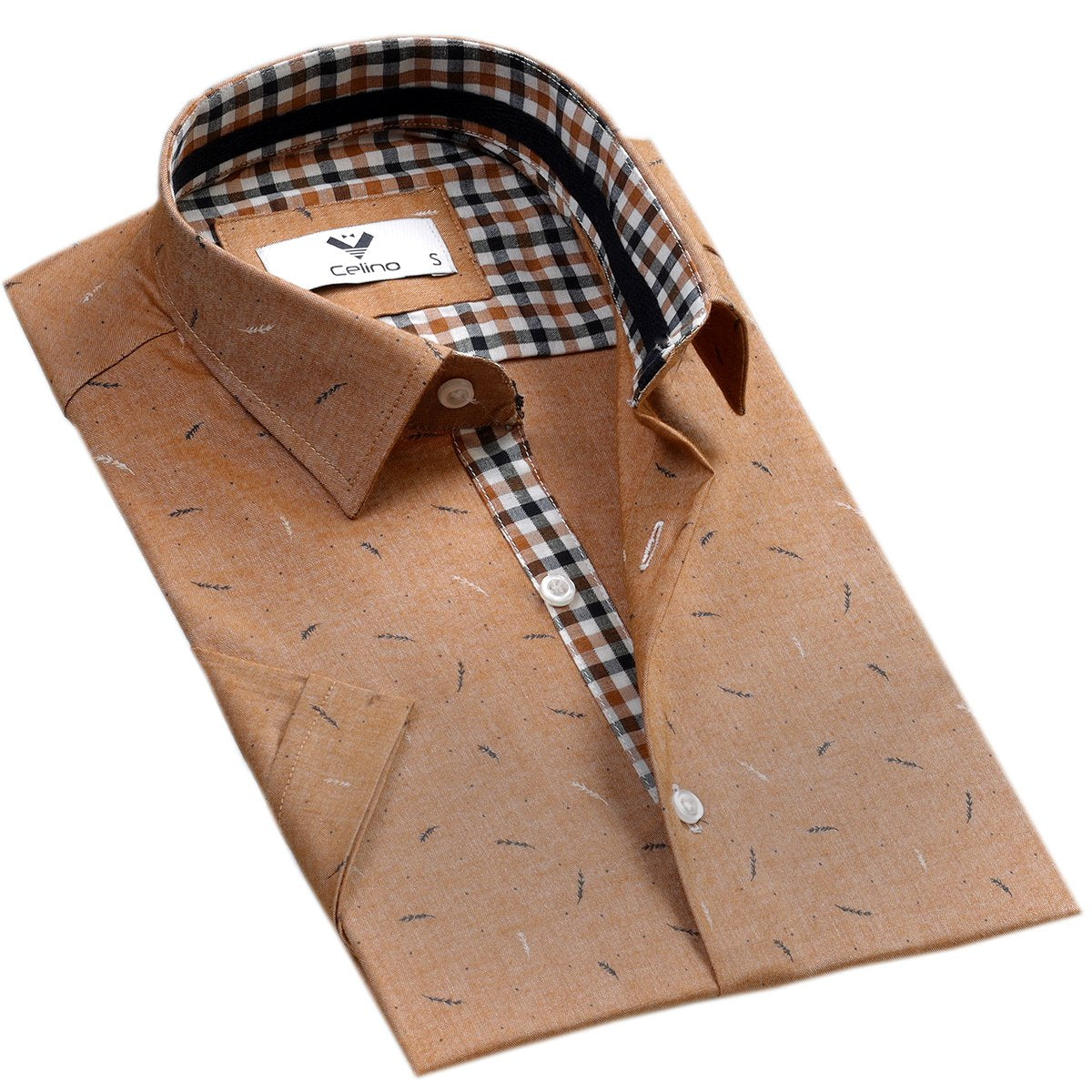 CESS8212_2 Beige Check Short Sleeve Button up Shirts for Men - Tailored Slim Fit Cotton Dress Shirts - Celino Corp.