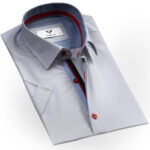 Light Grey Solid Short Sleeve Button up Shirts for Men - Tailored Slim Fit Cotton Dress Shirts - Image 2