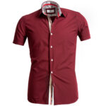 Burgundy Solid Short Sleeve Button up Shirts for Men - Tailored Slim Fit Cotton Dress Shirts