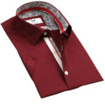 Burgundy Solid Short Sleeve Button up Shirts for Men - Tailored Slim Fit Cotton Dress Shirts - Image 2