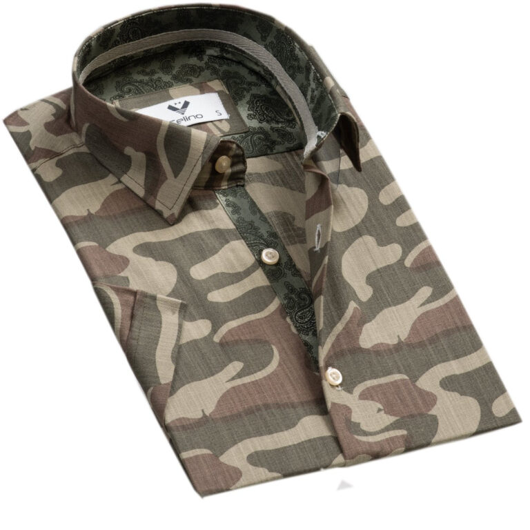 Camouflage Green Short Sleeve Button up Shirts for Men - Tailored Slim Fit Cotton Dress Shirts - Celino Corp.
