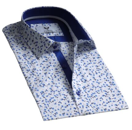 White & Blue Floral Short Sleeve Button up Shirts for Men - Tailored Slim Fit Cotton Dress Shirts
