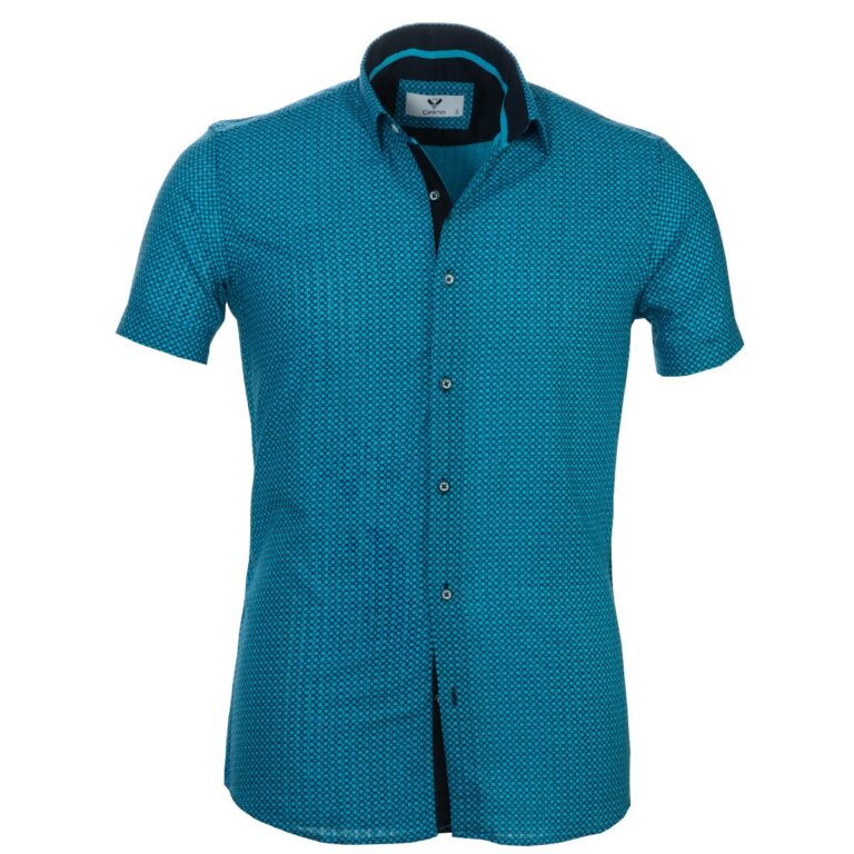 Blue on Dark Blue Short Sleeve Button up Shirts for Men - Tailored Slim Fit Cotton Dress Shirts - Celino Corp.