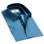 Blue on Dark Blue Short Sleeve Button up Shirts for Men - Tailored Slim Fit Cotton Dress Shirts - Celino Corp.