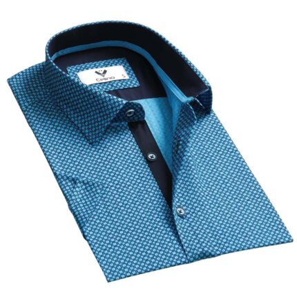 Blue on Dark Blue Short Sleeve Button up Shirts for Men - Tailored Slim Fit Cotton Dress Shirts - Celino Corp.