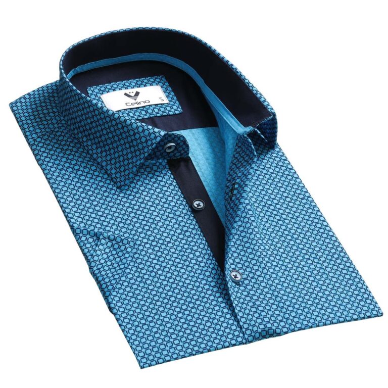 Blue on Dark Blue Short Sleeve Button up Shirts for Men - Tailored Slim Fit Cotton Dress Shirts - Celino Corp.