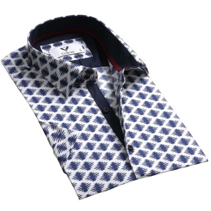 Blue & White Short Sleeve Button up Shirts for Men - Tailored Slim Fit Cotton Dress Shirts