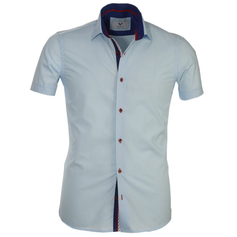 Sky Blue Solid Short Sleeve Button up Shirts for Men - Tailored Slim Fit Cotton Dress Shirts - Celino Corp.