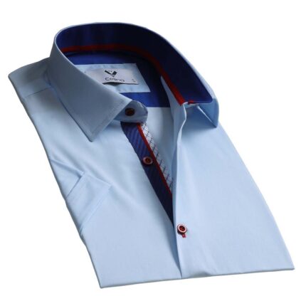 Sky Blue Solid Short Sleeve Button up Shirts for Men - Tailored Slim Fit Cotton Dress Shirts - Celino Corp.